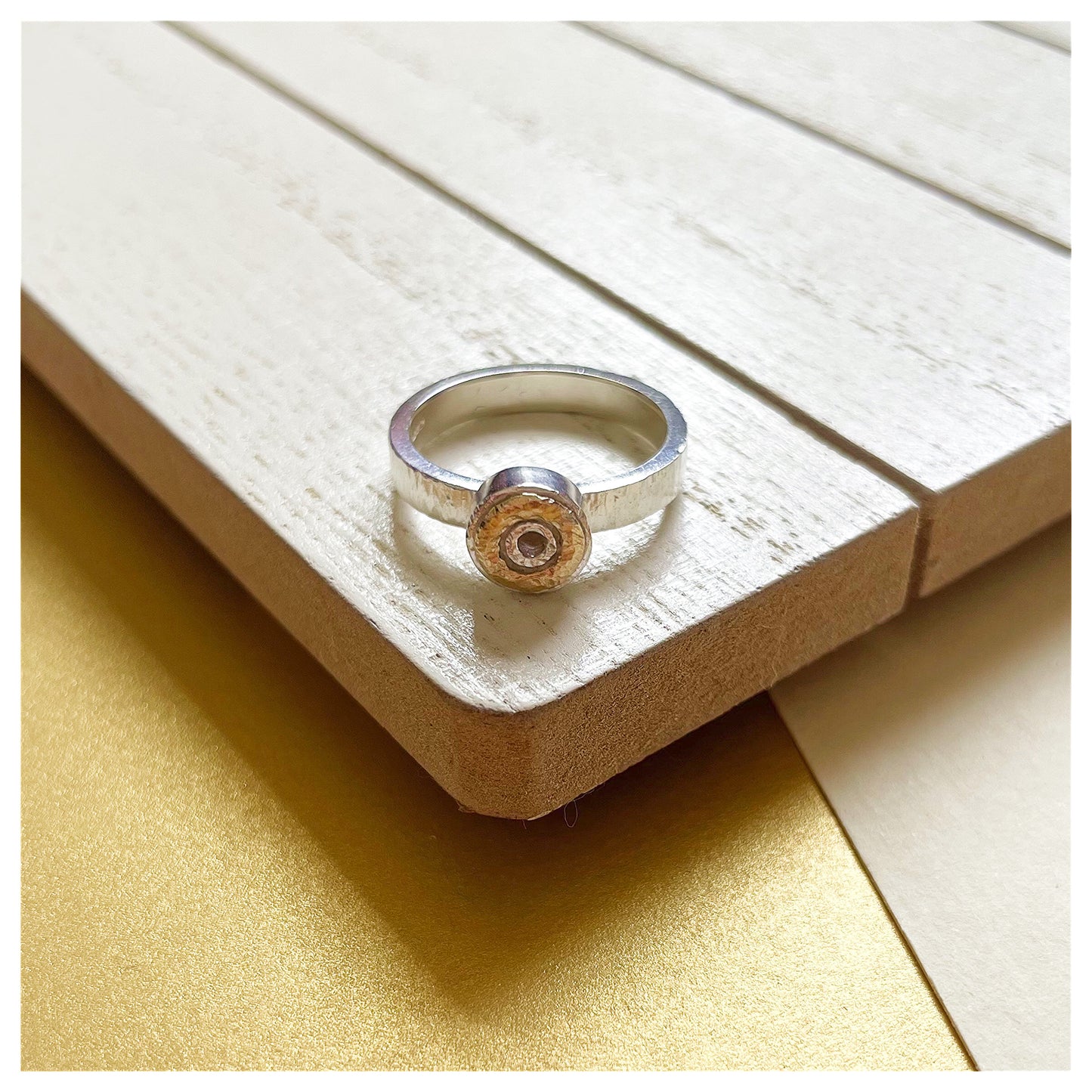 Sterling Silver Mini Hammered Donut Ring With 9ct Yellow Gold Halo.