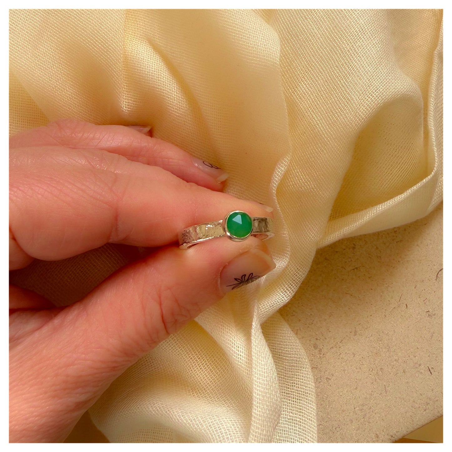 Sterling Silver and Chrysoprase Organic Textured Ring.