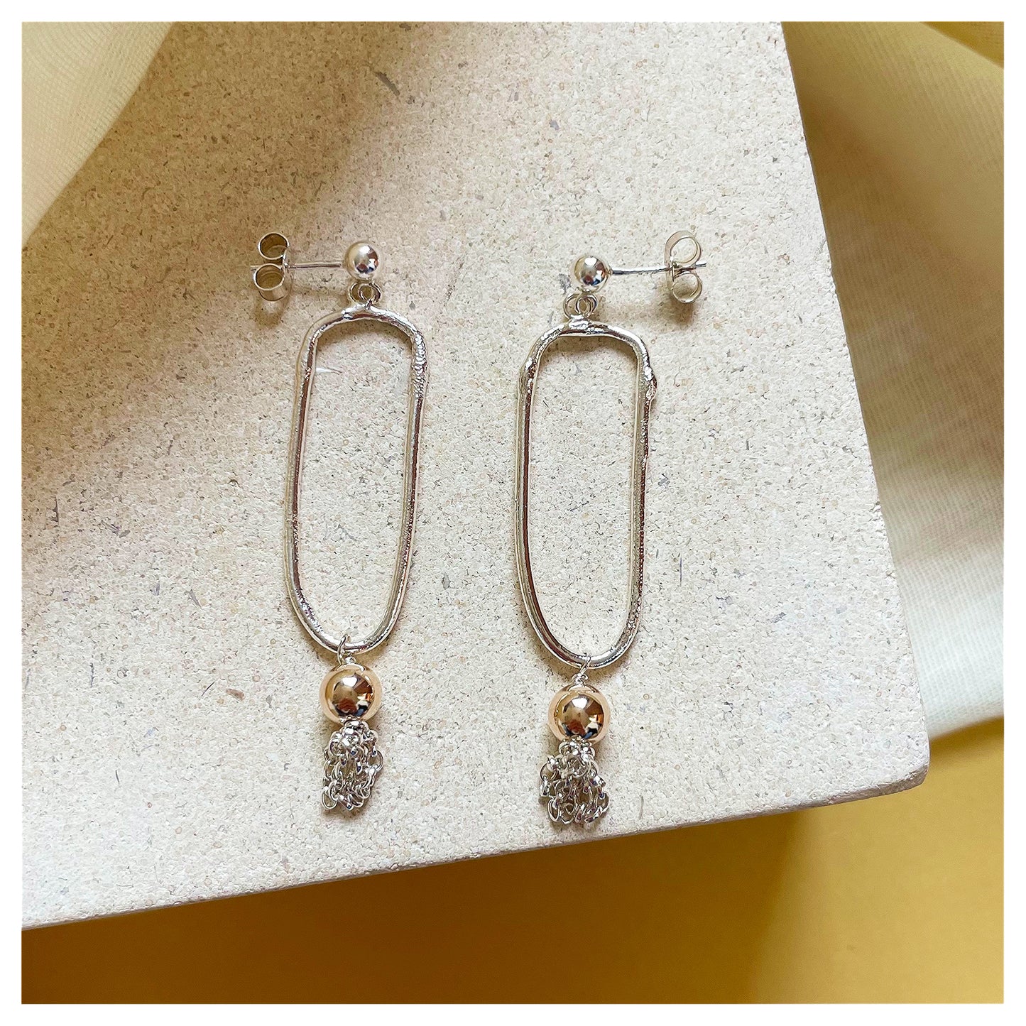 Long Organic Silver and 9ct Yellow Gold Tassel Drop Earrings.