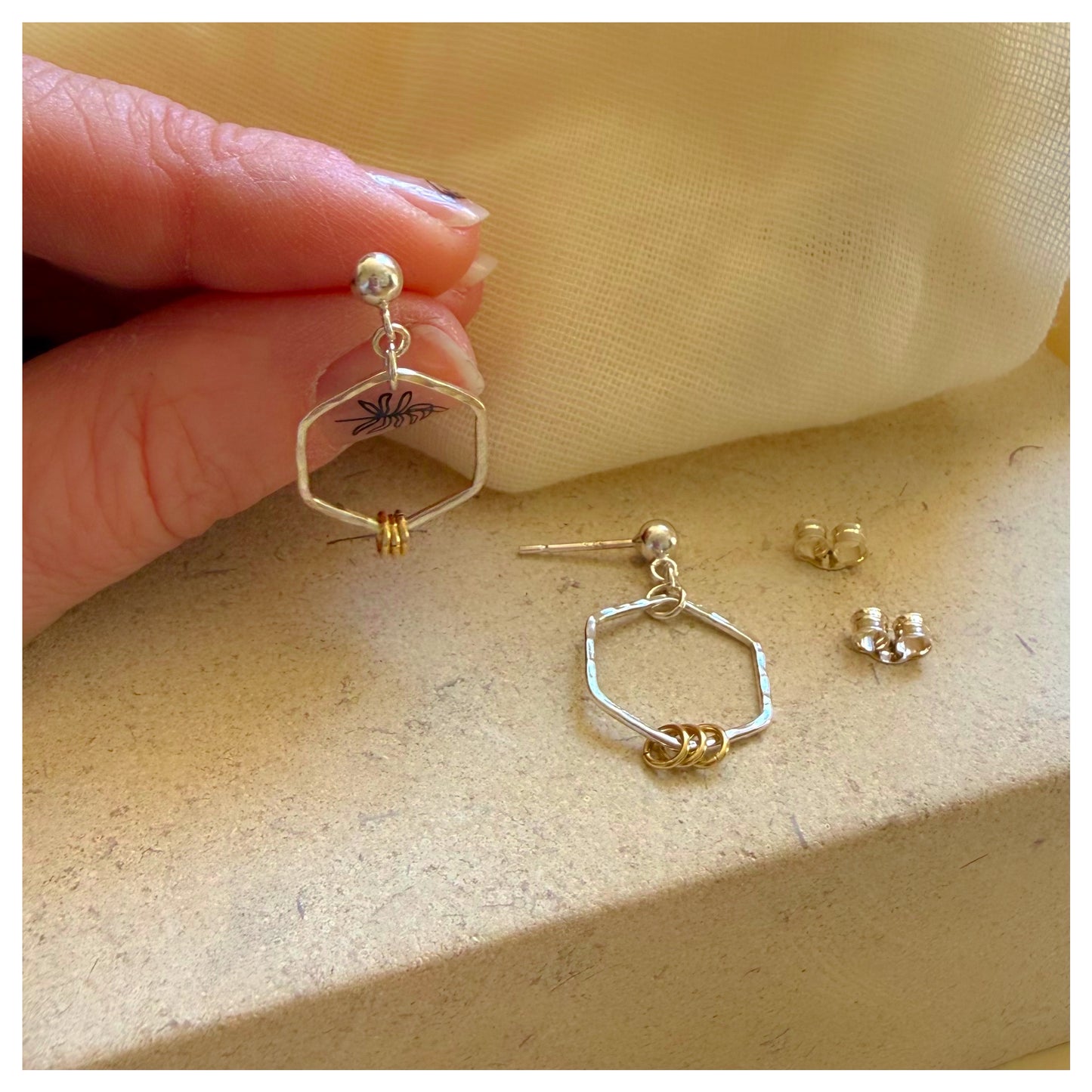 Mini Sterling Silver and 9ct Yellow Gold Detail Hammered Hexagonal Drop Stud Earrings.