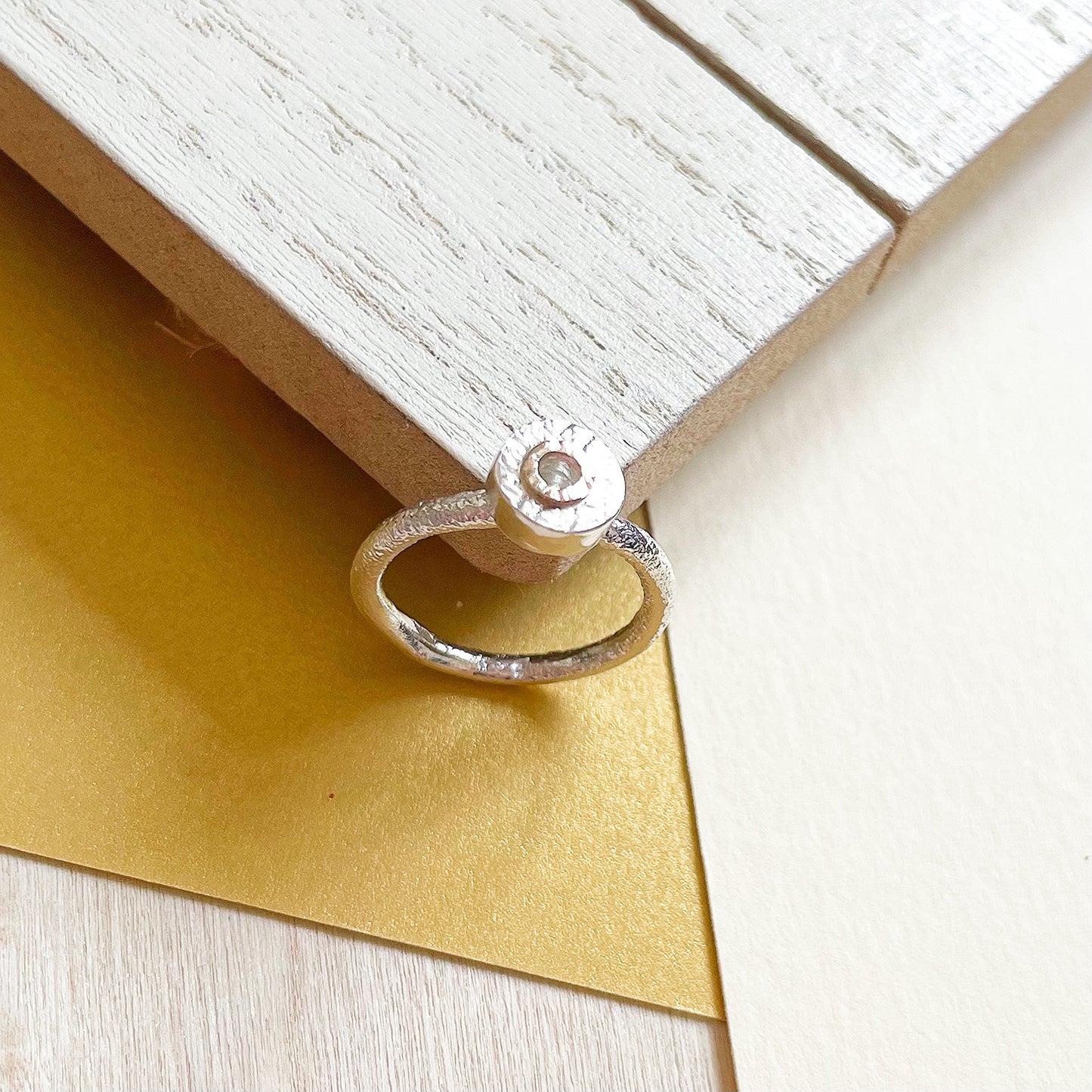 Sterling Silver Mini Textured Donut Ring With 9ct Yellow Gold Halo.