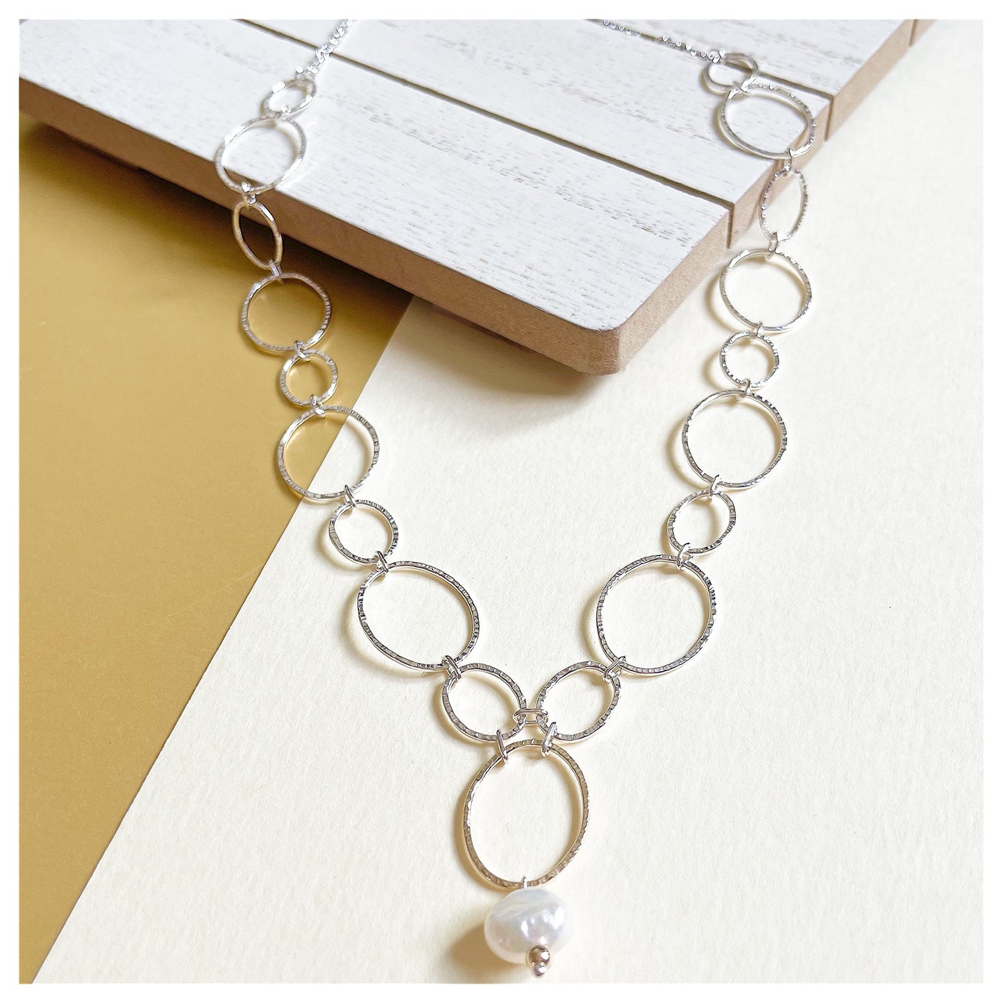 9ct Yellow Gold, Sterling Silver and Freshwater Pearl Oval Link Handmade Chain.