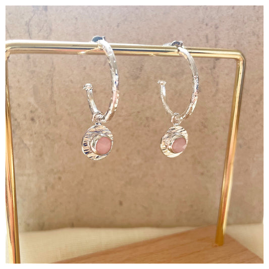 Sterling Silver Chunky Textured Pink Opal Gemstone Drop Hoop Earrings