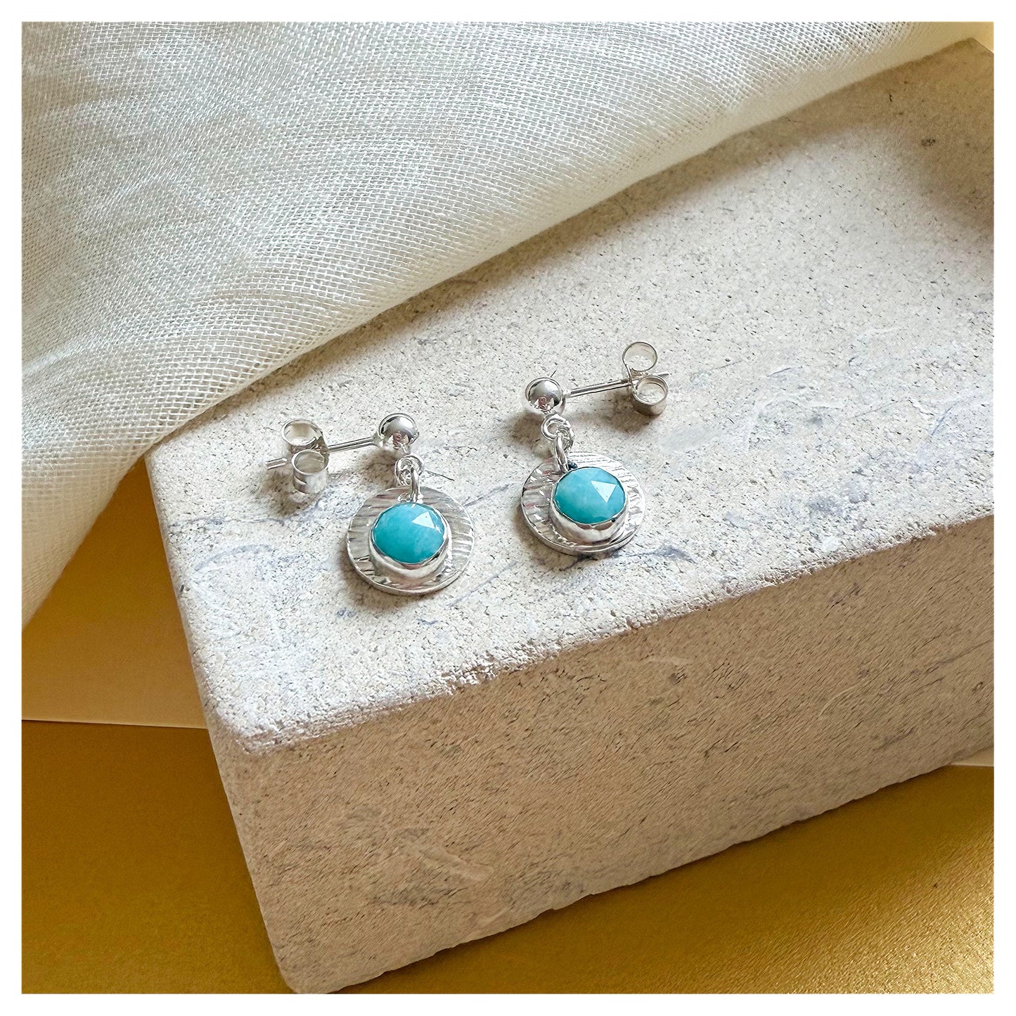 Sterling Silver Textured Amazonite Gemstone Drop  Earrings.