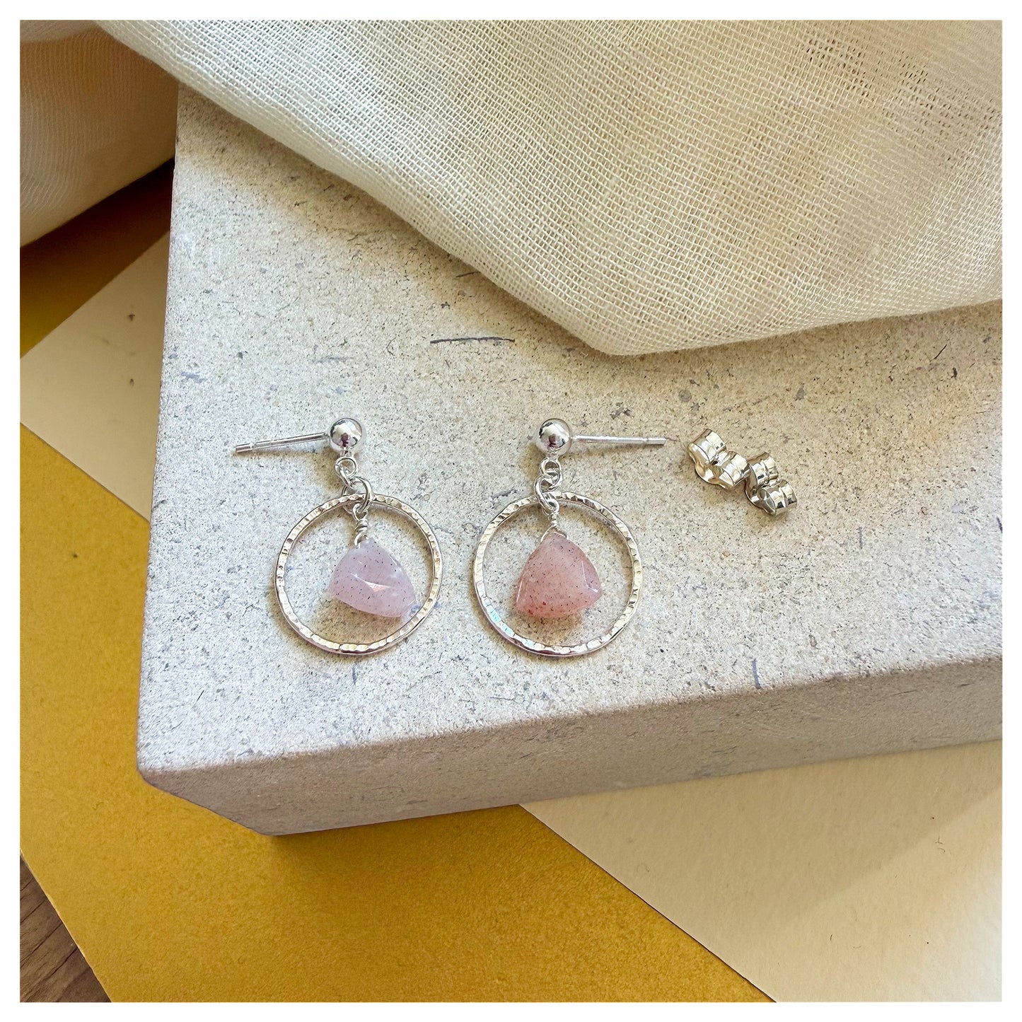 Sterling Silver Hammered Circle and Peach Moonstone Drop earrings.