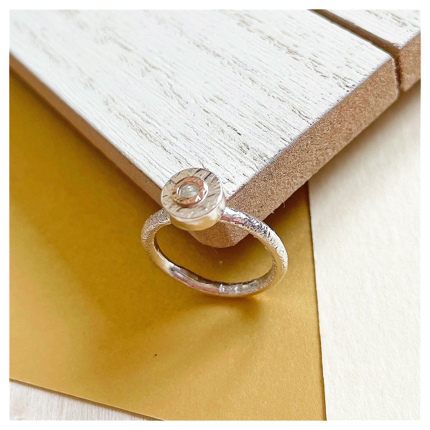 Sterling Silver Mini Textured Donut Ring With 9ct Yellow Gold Halo.