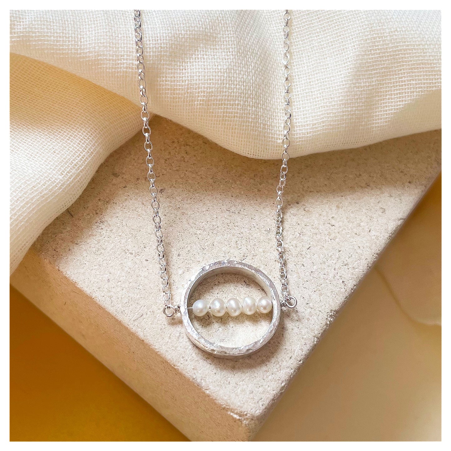 Sterling Silver Textured Circle Bar Pendant Necklace with Freshwater Pearls (2)