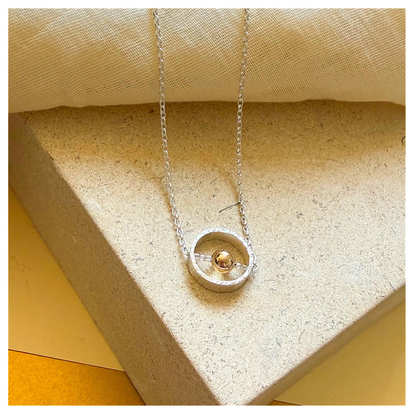 9ct Yellow Gold and Sterling Silver Circle Necklace with Bead.
