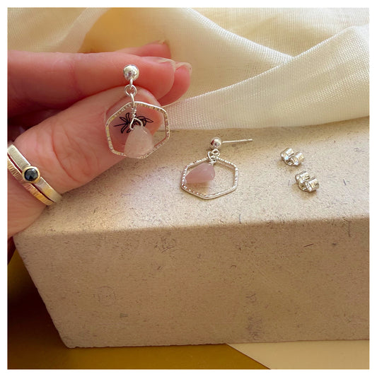 Sterling Silver Hammered Hexagonal Peach Moonstone Drop earrings.