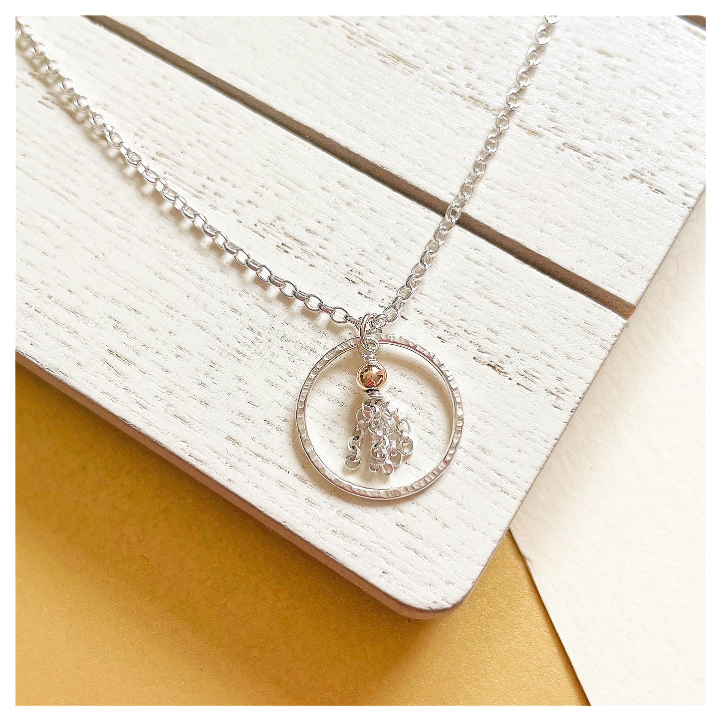 Mini 9ct Yellow Gold Hammered Circle and Sterling Silver Tassel Necklace