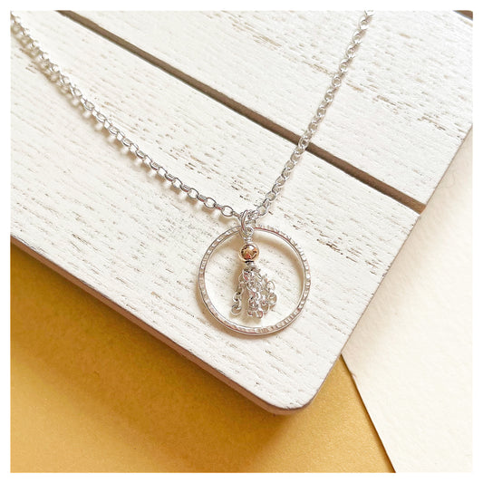 Mini 9ct Yellow Gold Hammered Circle and Sterling Silver Tassel Necklace