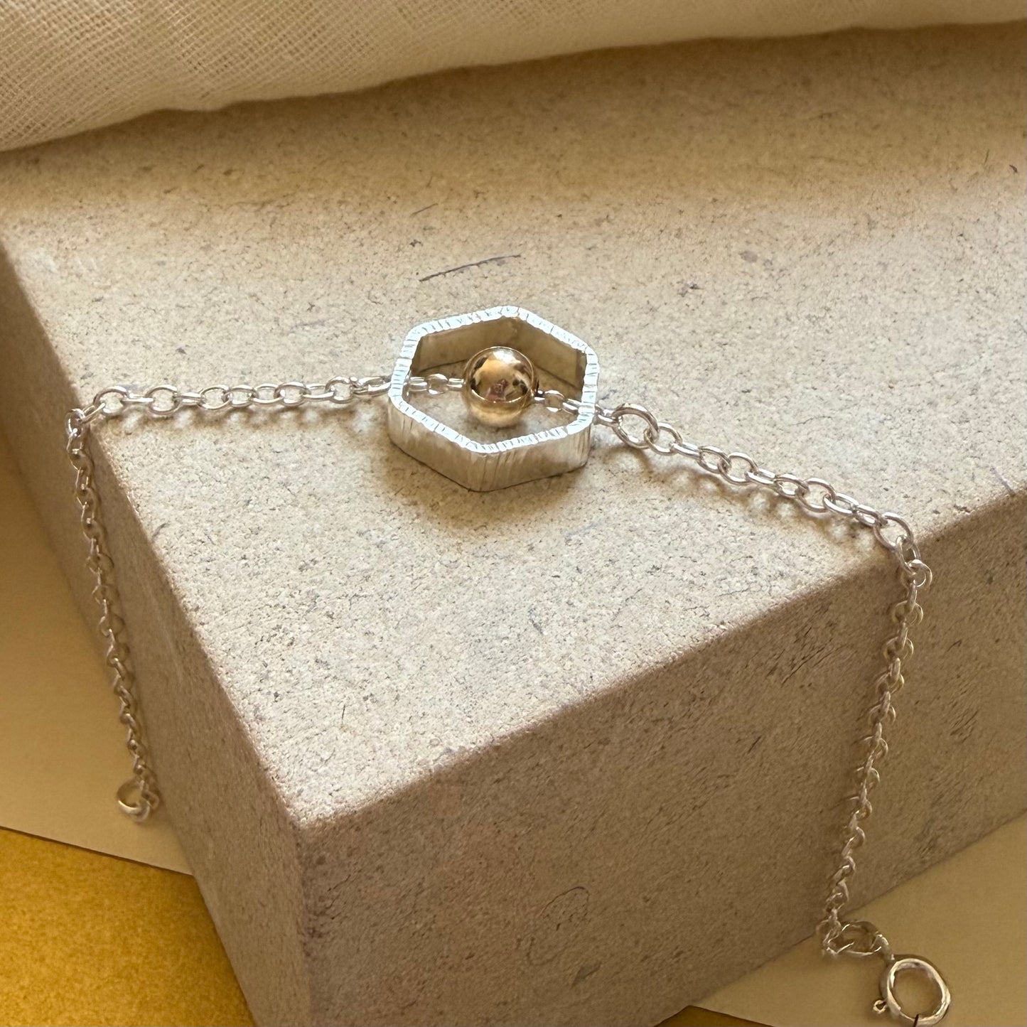 Sterling Silver and 9ct Yellow Gold Bead Mini Hexagon Bracelet.