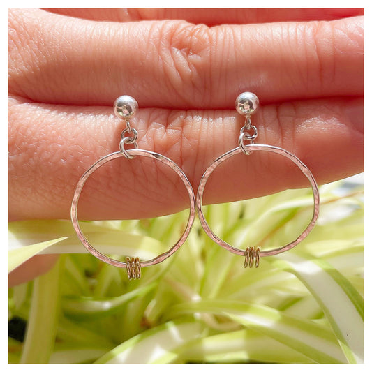 Sterling Silver and 9ct Yellow Gold Detail Hammered Circle Drop Stud Earrings.