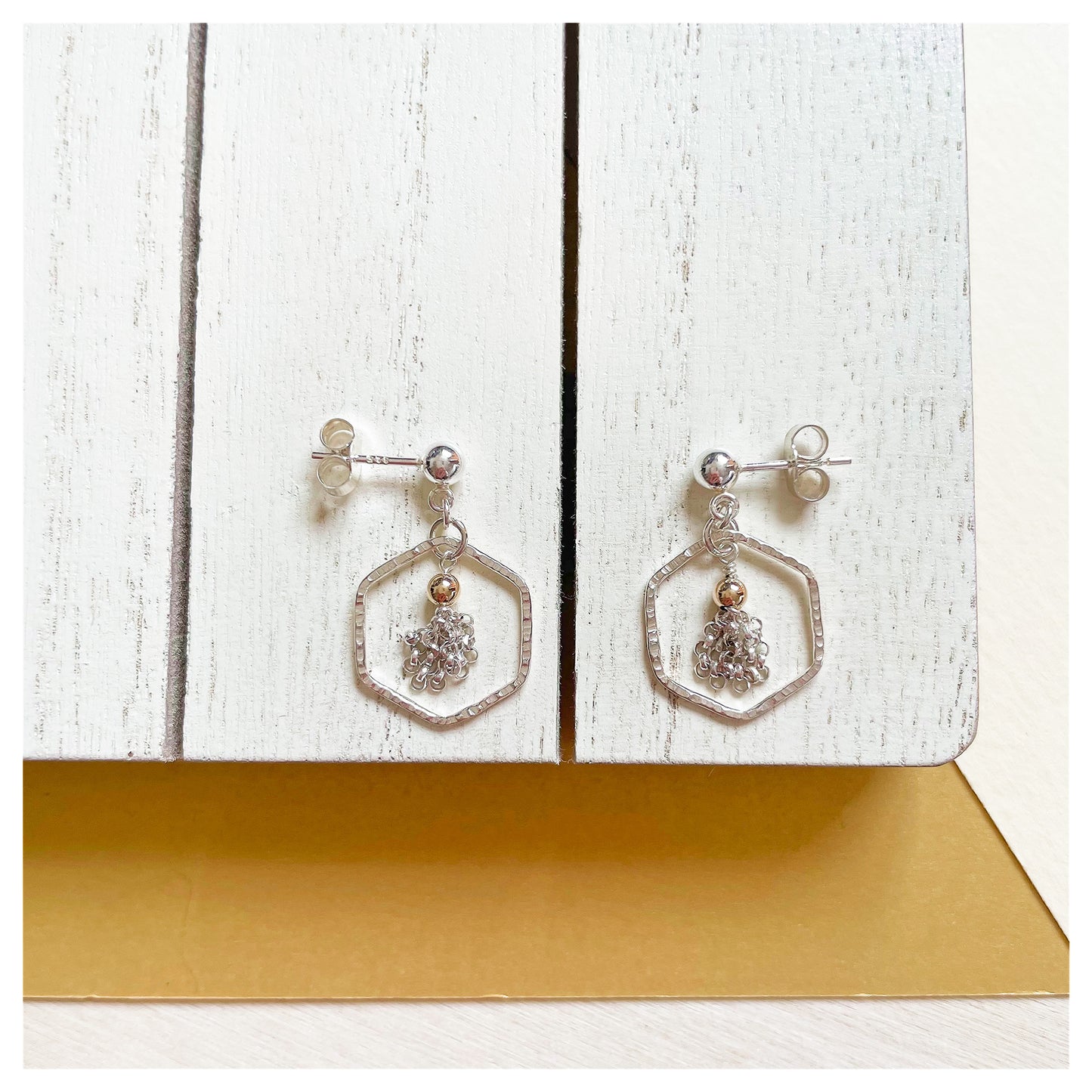 Mini Sterling Silver and 9ct Yellow Gold Hammered Hexagon and Tassel Drop Stud Earrings.