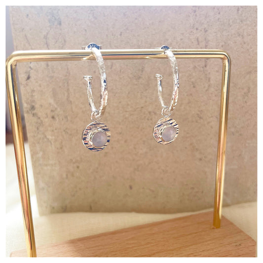 Sterling Silver Chunky Textured Chalcedony Gemstone Drop Hoop Earrings