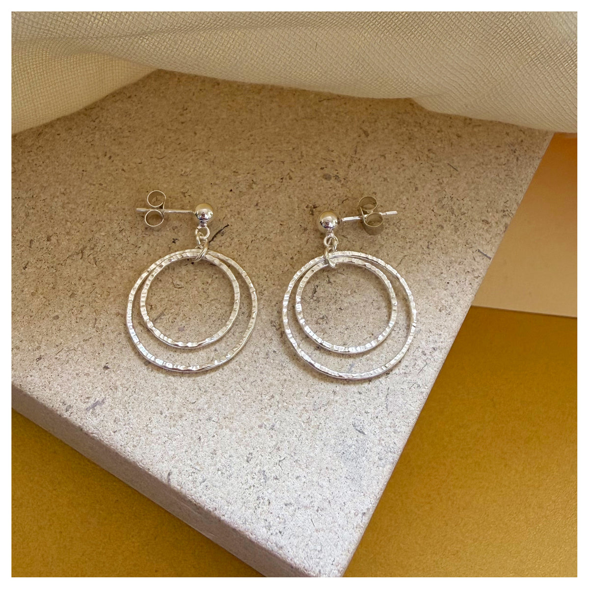 Sterling Silver Front Facing Double Circle drop Stud Earrings.