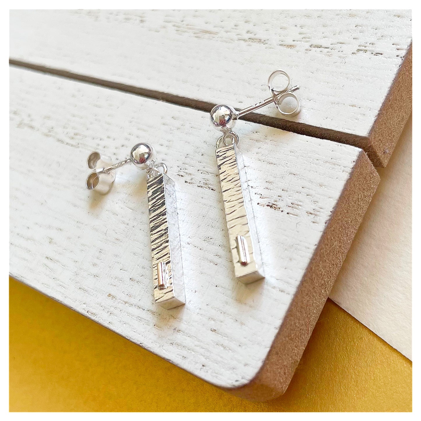Sterling Silver and 9ct Gold Hammered Bar Drop Stud Earrings