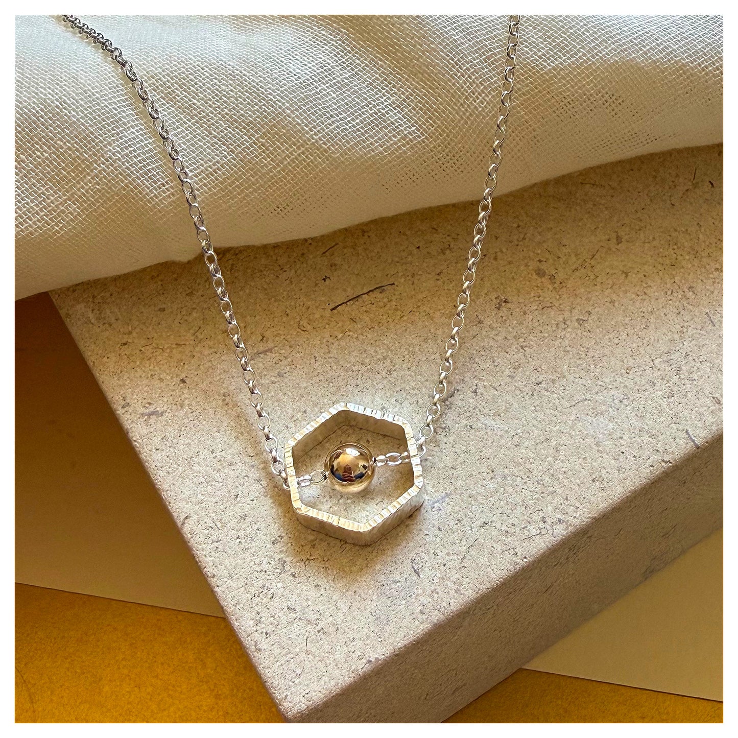 9ct Yellow Gold and Sterling Silver Hexagon Necklace with Bead.
