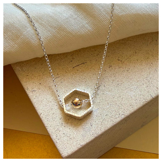 9ct Yellow Gold and Sterling Silver Hexagon Necklace with Bead.