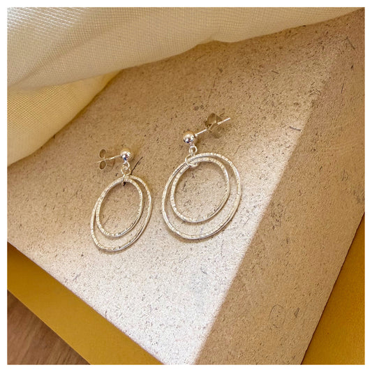 Sterling Silver Front Facing Double Circle drop Stud Earrings.