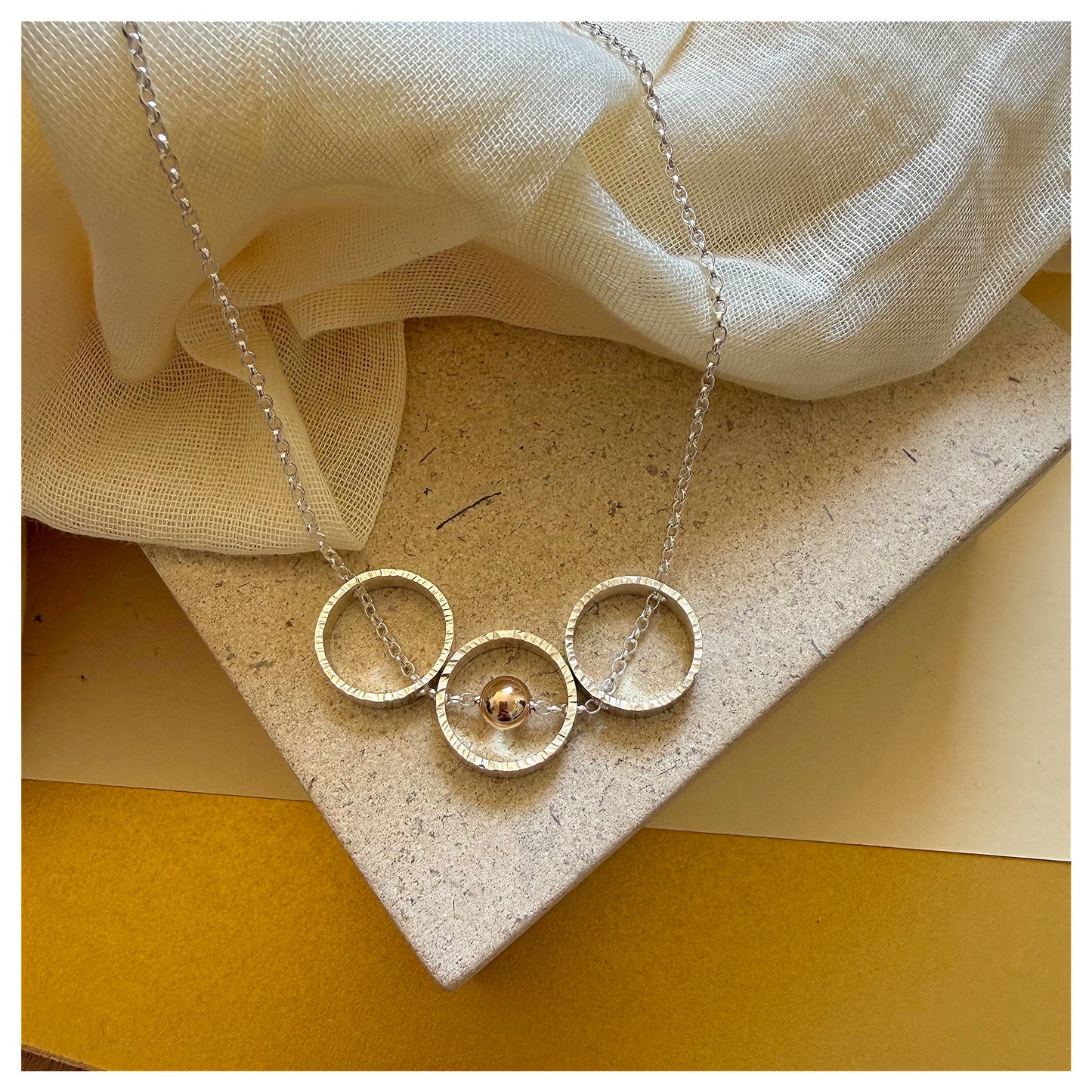 9ct Yellow Gold and Sterling Silver Mini Triple Circle and Bead Necklace