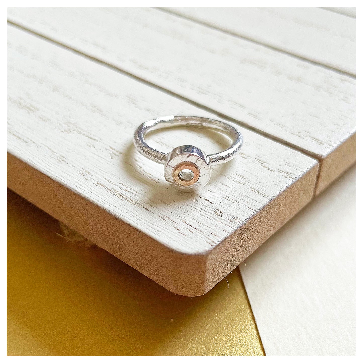 Sterling Silver Mini Textured Donut Ring With 9ct Yellow Gold Halo.