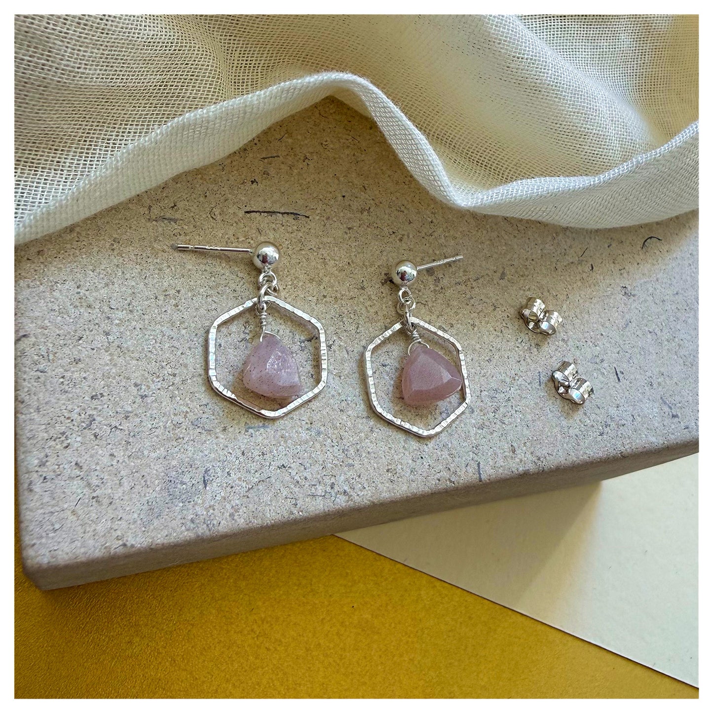 Sterling Silver Hammered Hexagonal Peach Moonstone Drop earrings.