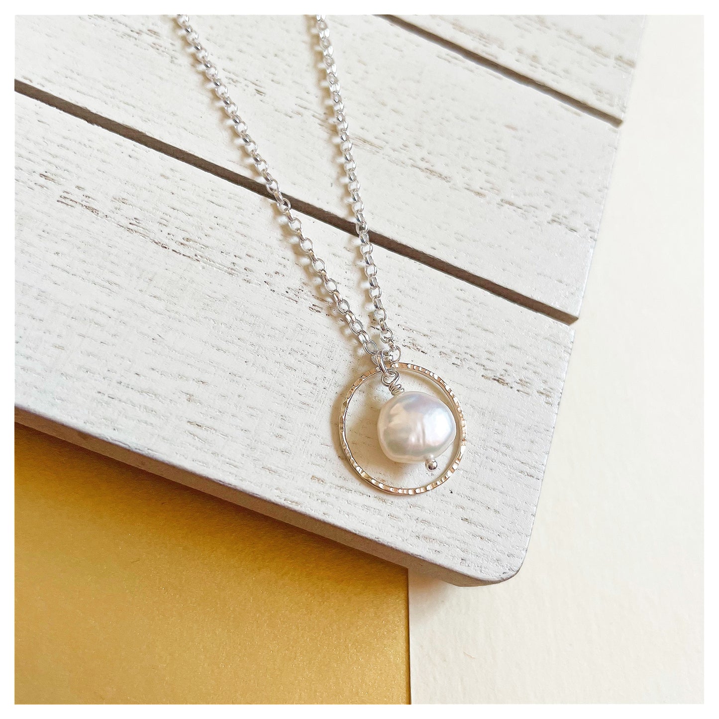 Mini 9ct Yellow Gold Hammered Circle, Sterling Silver and Fresh Water Pearl Necklace.