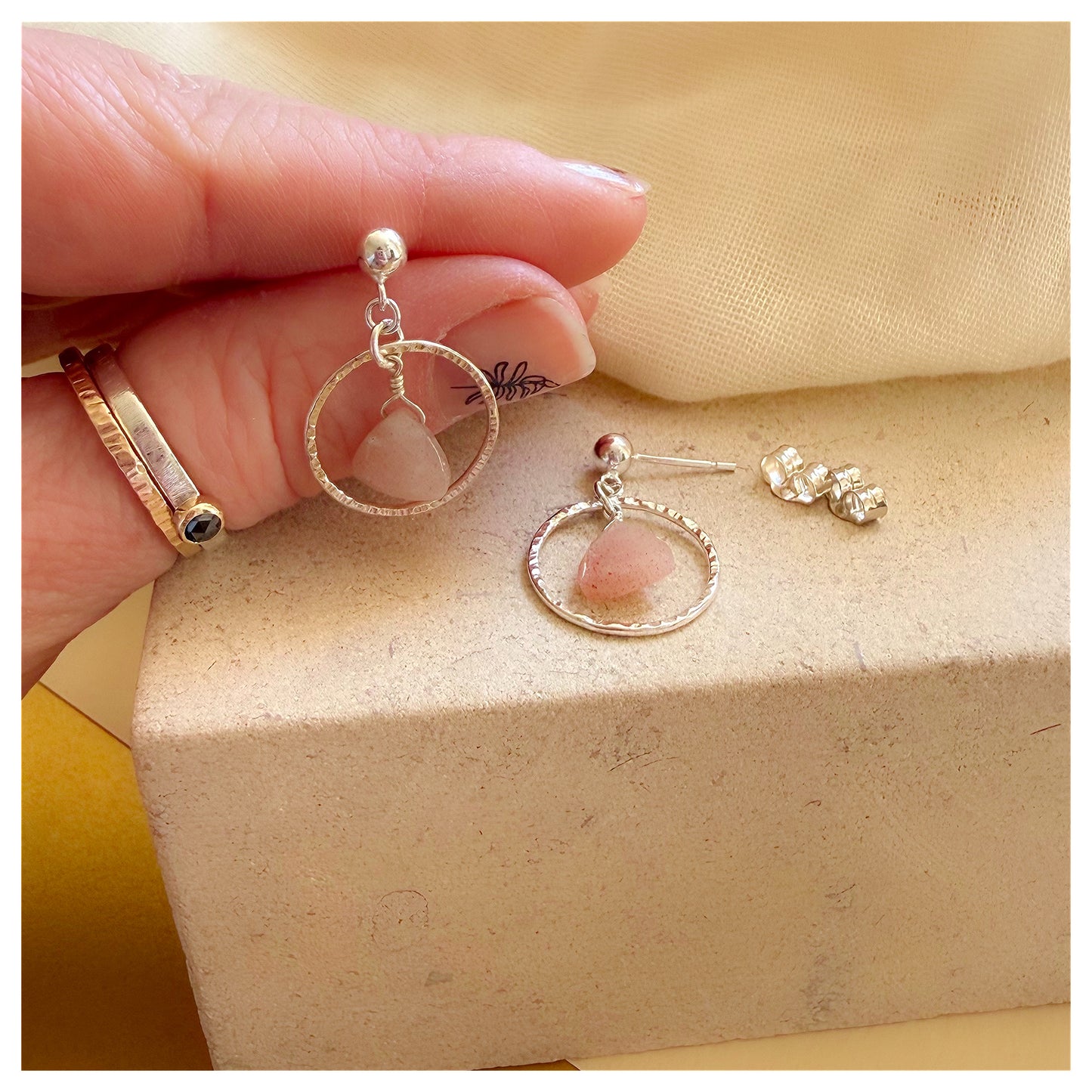 Sterling Silver Hammered Circle and Peach Moonstone Drop earrings.