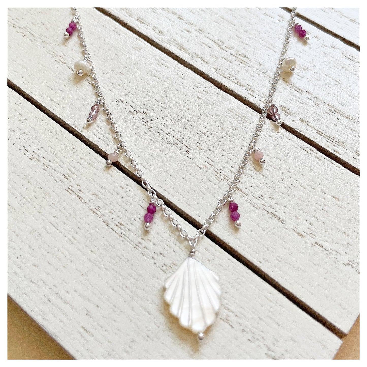 Sterling Silver, Mother of Pearl Shell and Gemstone Beaded Necklace. (4)