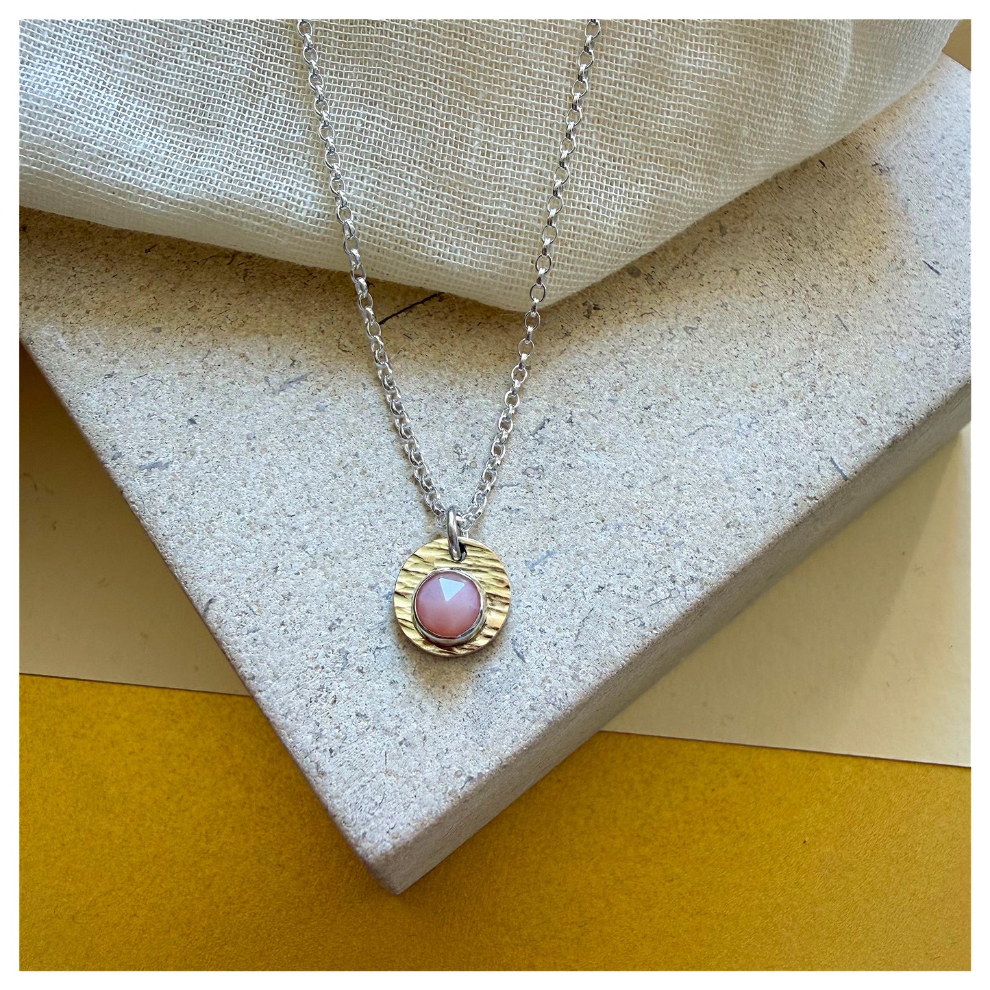 9ct Yellow Gold, Sterling Silver and Pink Opal Hammered Disc Pendant.