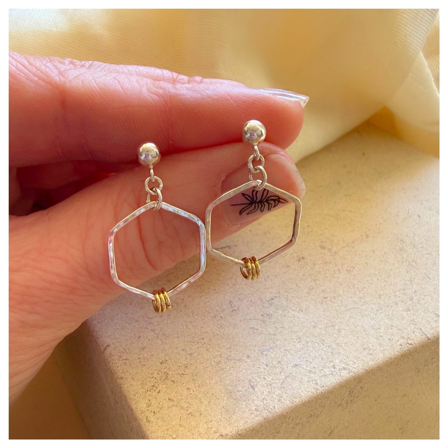 Mini Sterling Silver and 9ct Yellow Gold Detail Hammered Hexagonal Drop Stud Earrings.