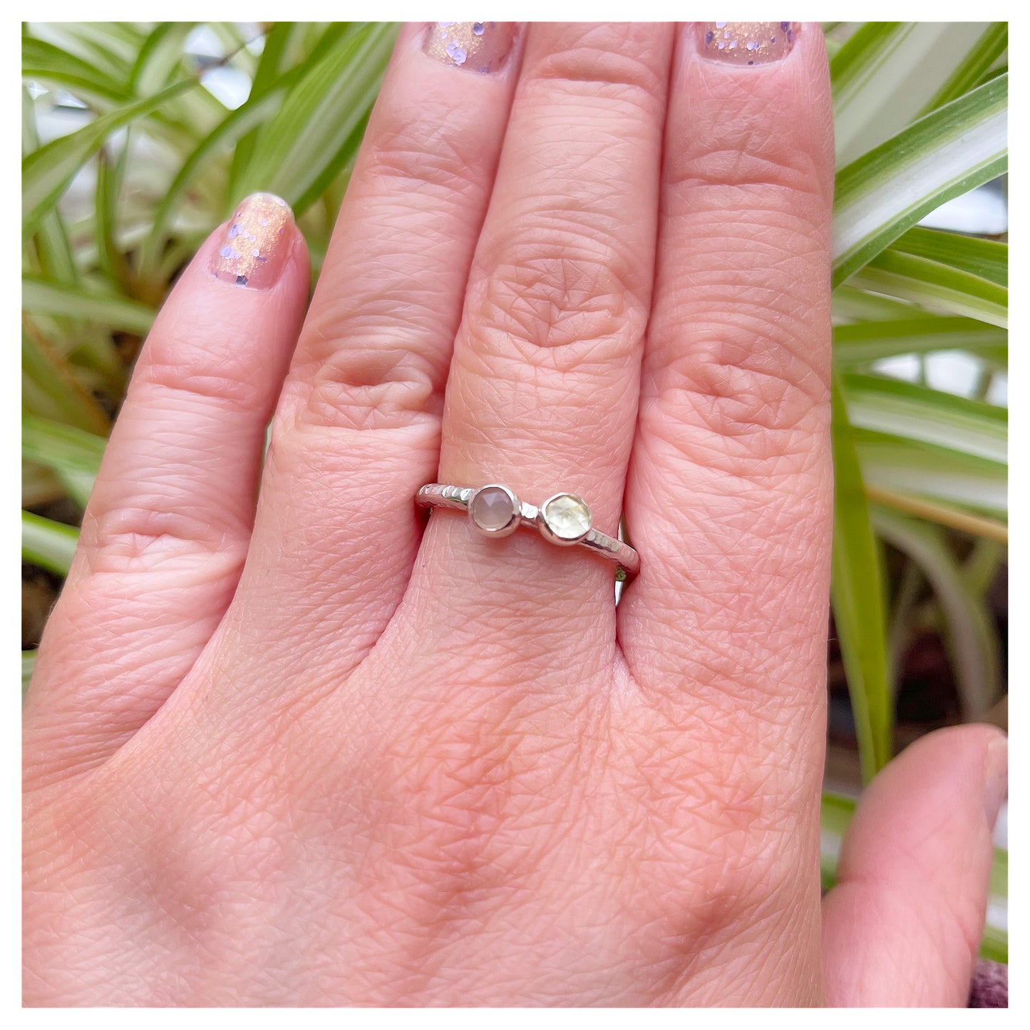 Sterling Silver Peach Moonstone and Lemon Quartz Hammered Band Ring.