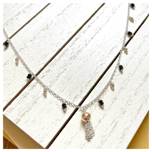 9ct Yellow Gold, Sterling Silver and Black Spinel  Beaded Tassel Necklace.