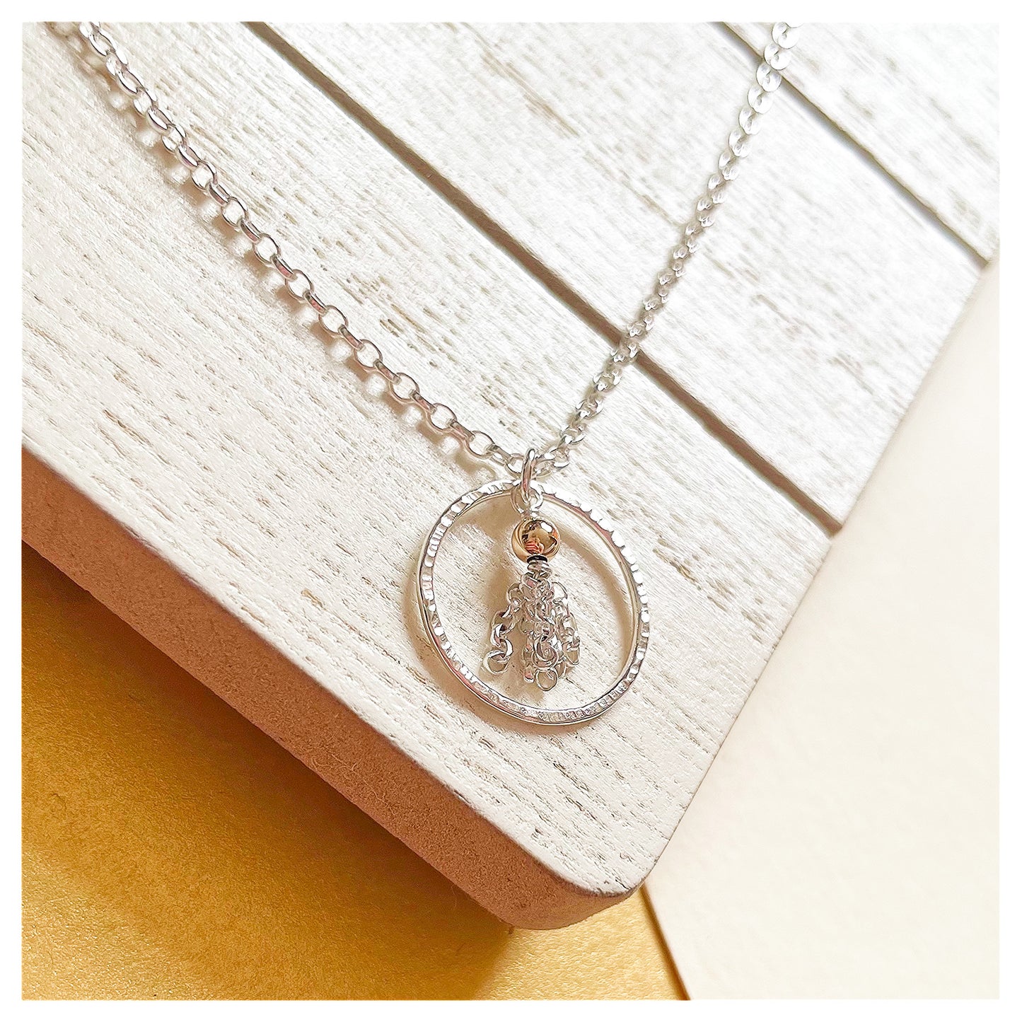 Mini 9ct Yellow Gold Hammered Circle and Sterling Silver Tassel Necklace