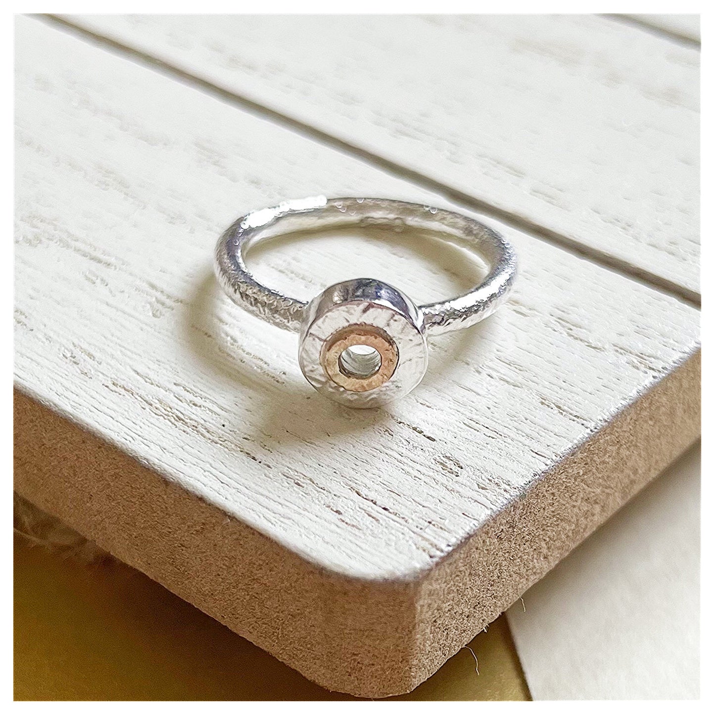 Sterling Silver Mini Textured Donut Ring With 9ct Yellow Gold Halo.