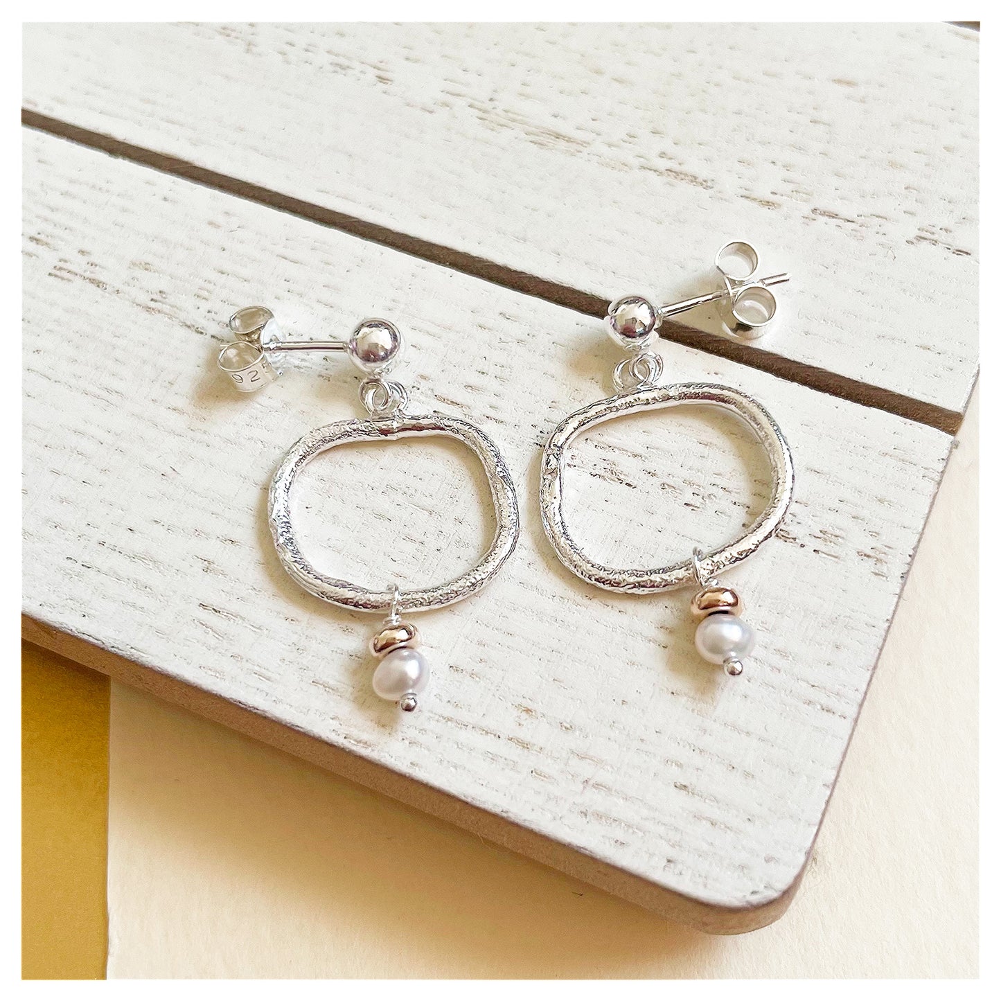 9ct Yellow Gold, Freshwater Pearl and Sterling Silver Organic Pebble Drop Stud Earrings