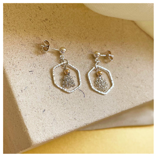 Mini Sterling Silver and 9ct Yellow Gold Hammered Hexagon and Tassel Drop Stud Earrings.