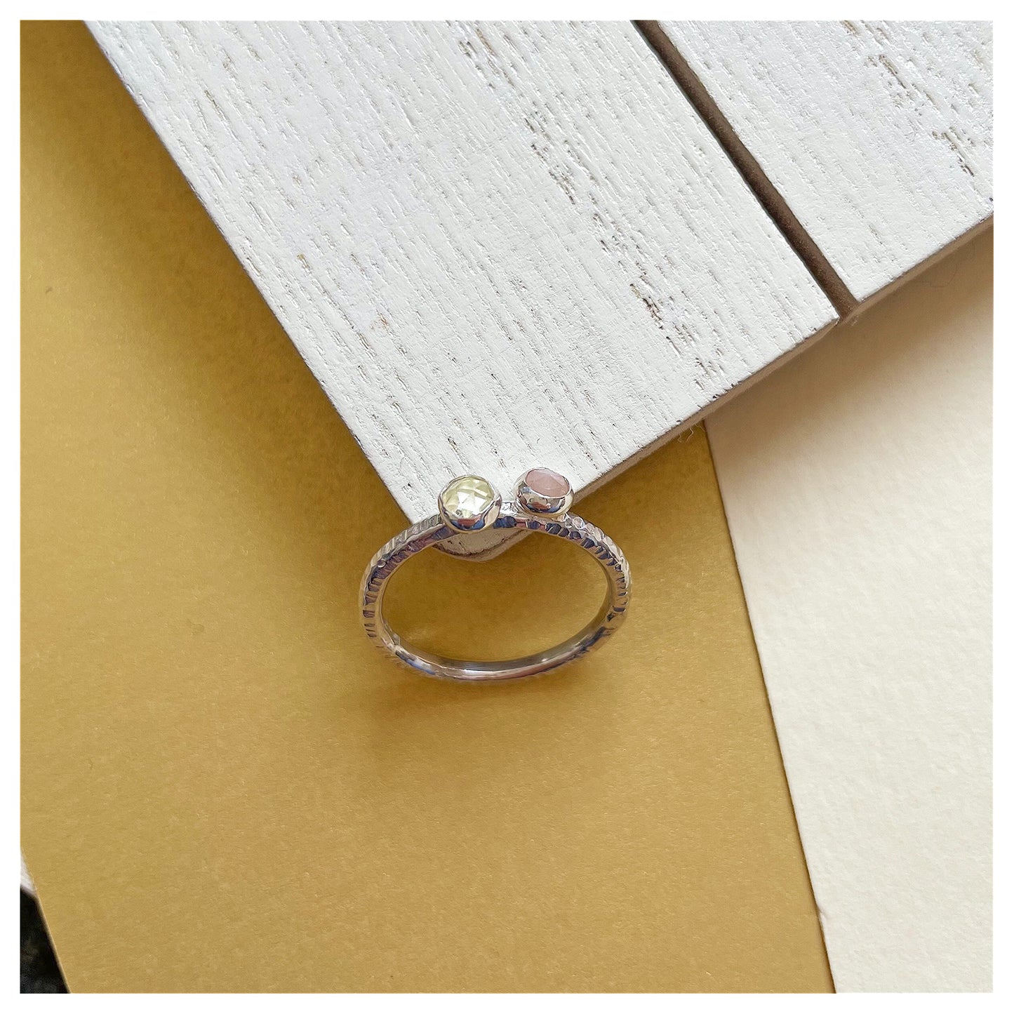 Sterling Silver Peach Moonstone and Lemon Quartz Hammered Band Ring.
