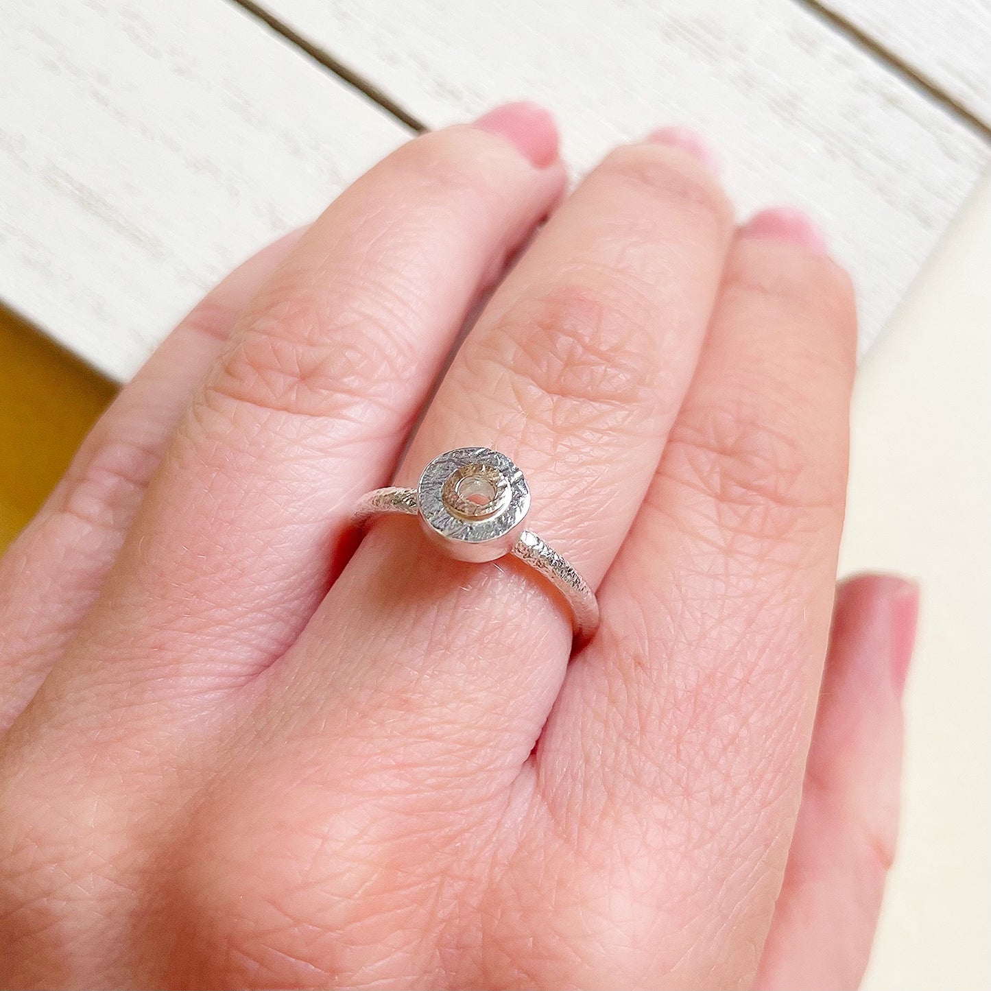 Sterling Silver Mini Textured Donut Ring With 9ct Yellow Gold Halo.