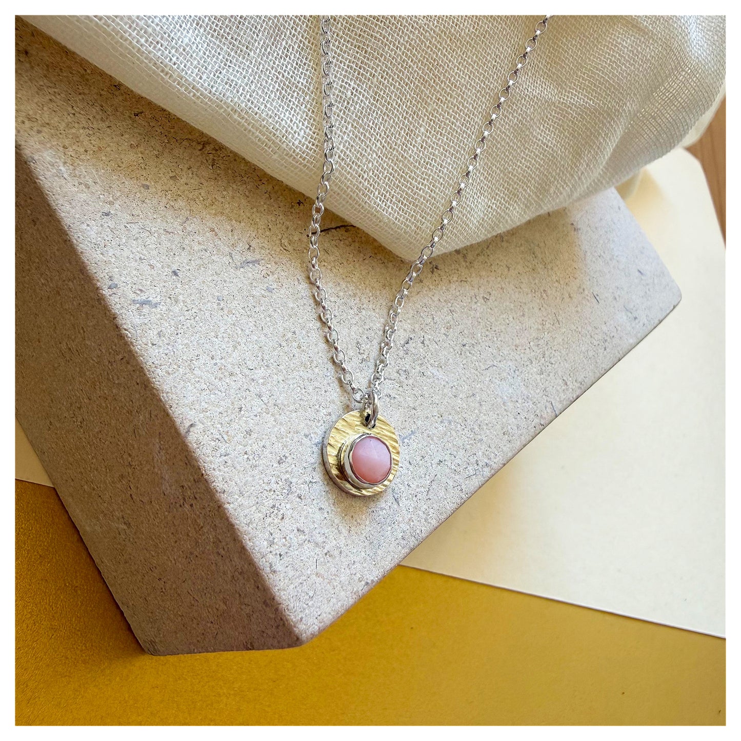 9ct Yellow Gold, Sterling Silver and Pink Opal Hammered Disc Pendant.