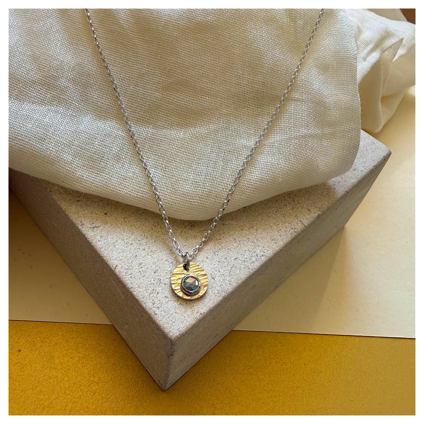 9ct Yellow Gold, Sterling Silver and Rosecut Diamond Hammered Disc Pendant.