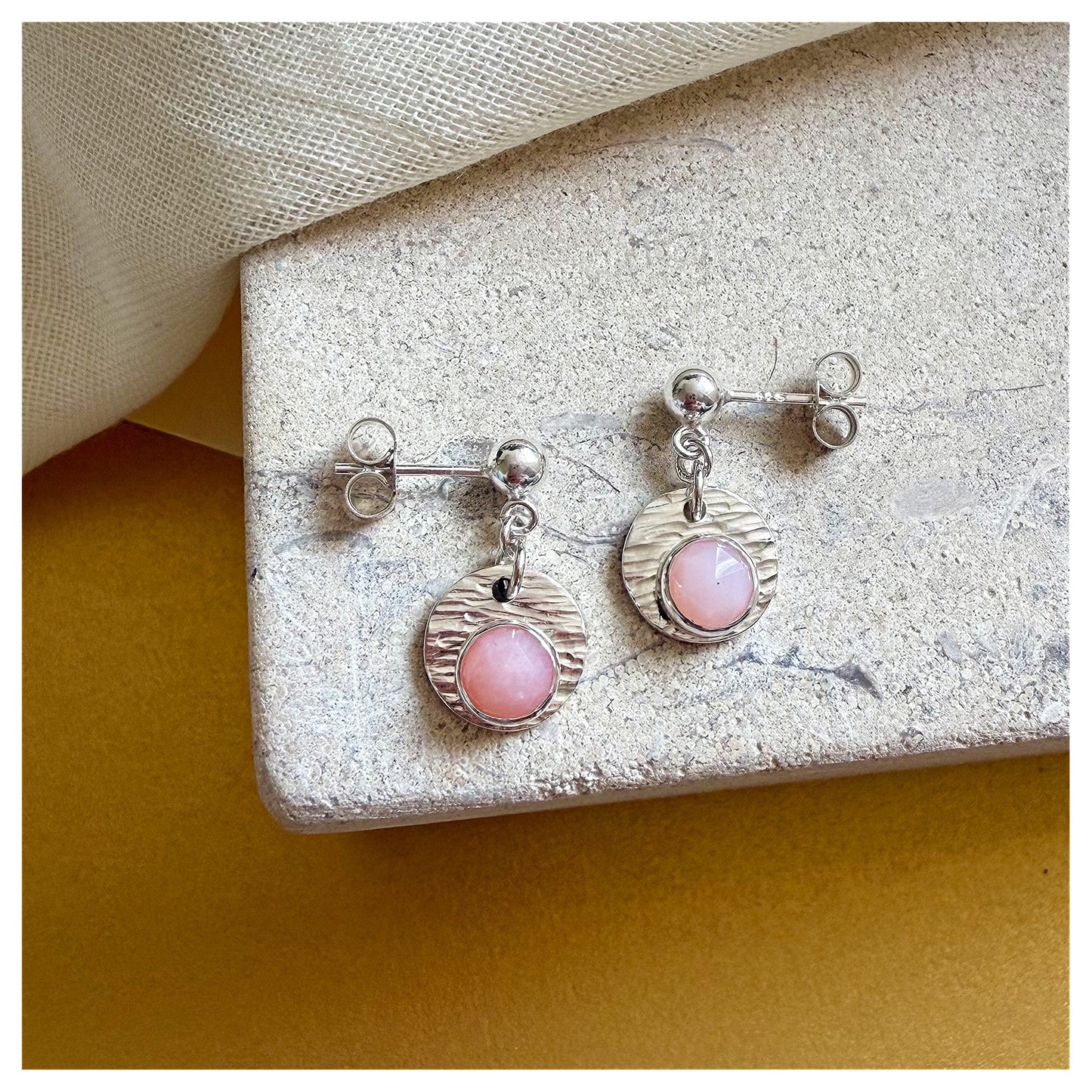 Sterling Silver Textured Pink Opal Gemstone Drop  Earrings.