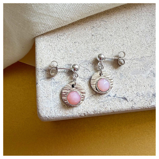 Sterling Silver Textured Pink Opal Gemstone Drop Earrings.