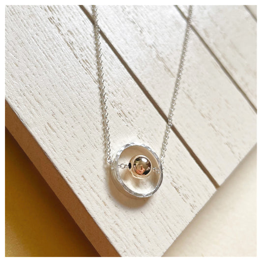 9ct Yellow Gold and Sterling Silver Circle Necklace with Bead.