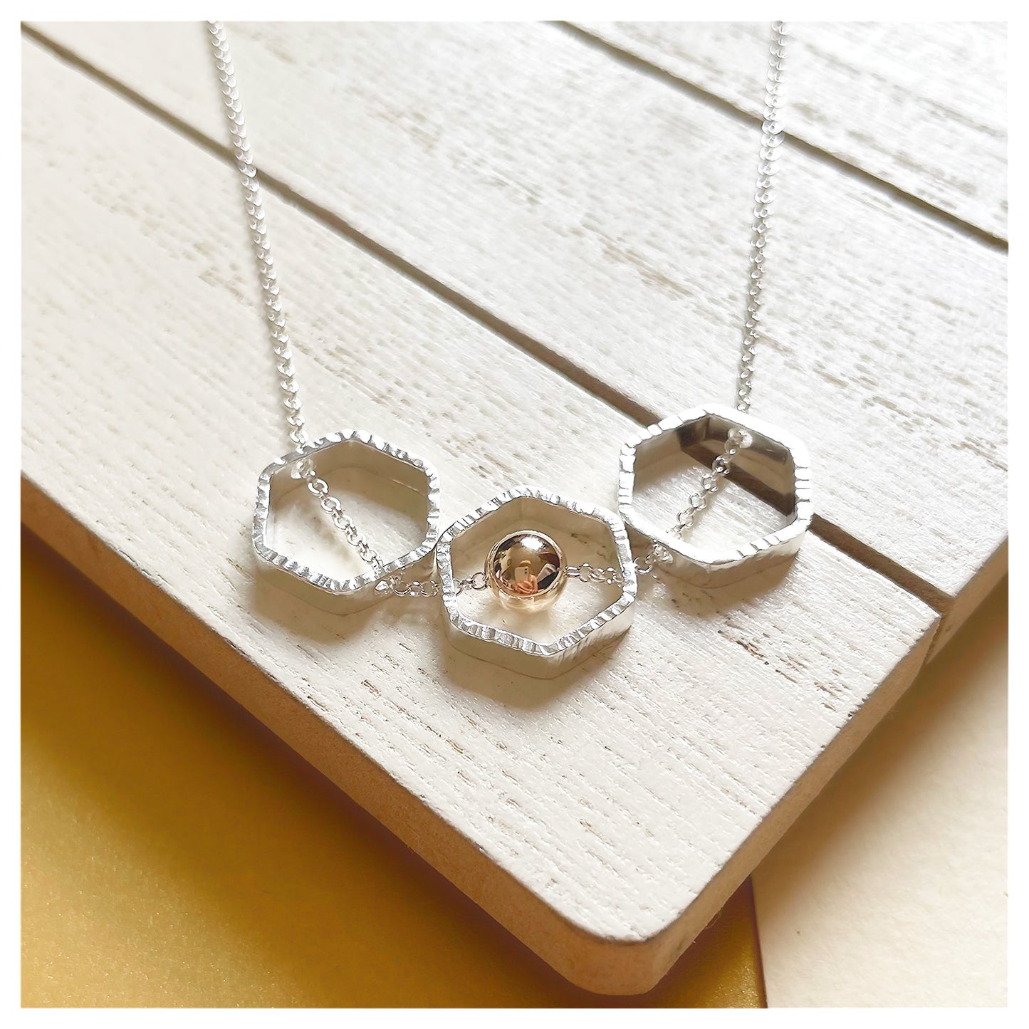9ct Yellow Gold and Sterling Silver Triple Hexagon Necklace with Bead