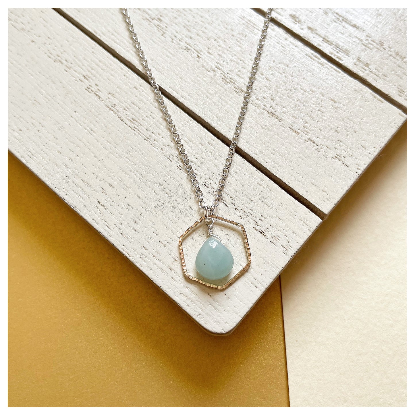 Mini 9ct Yellow Gold Hammered Hexagon, Sterling Silver and Green Amazonite Necklace.