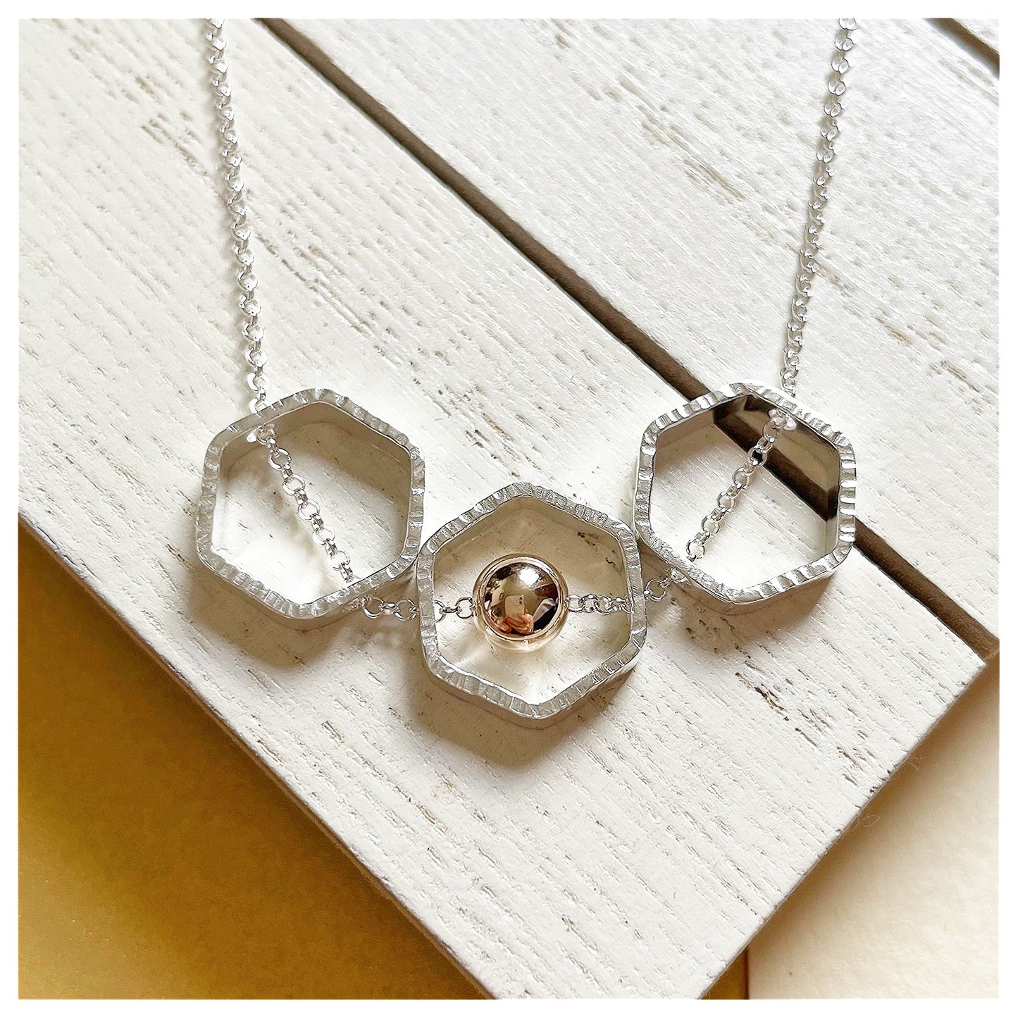 9ct Yellow Gold and Sterling Silver Triple Hexagon Necklace with Bead