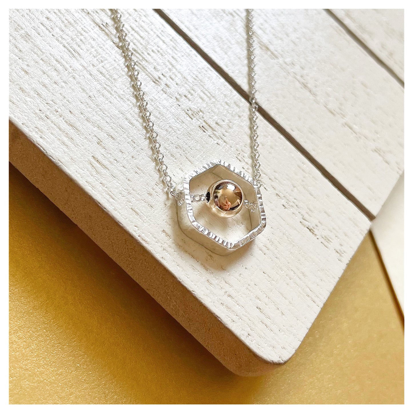9ct Yellow Gold and Sterling Silver Hexagon Necklace with Bead.