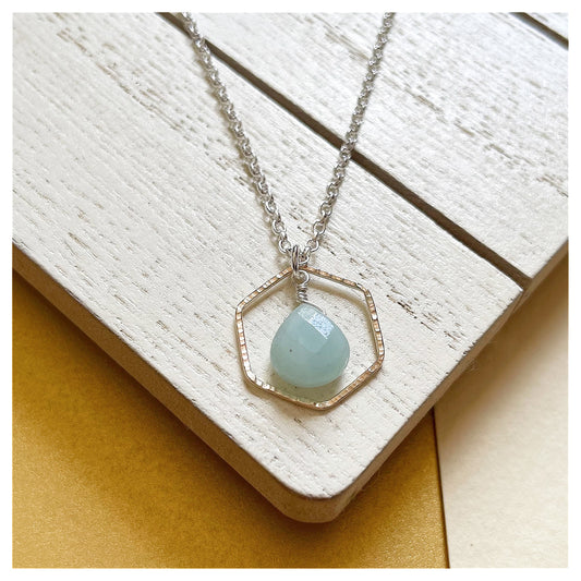 Mini 9ct Yellow Gold Hammered Hexagon, Sterling Silver and Green Amazonite Necklace.